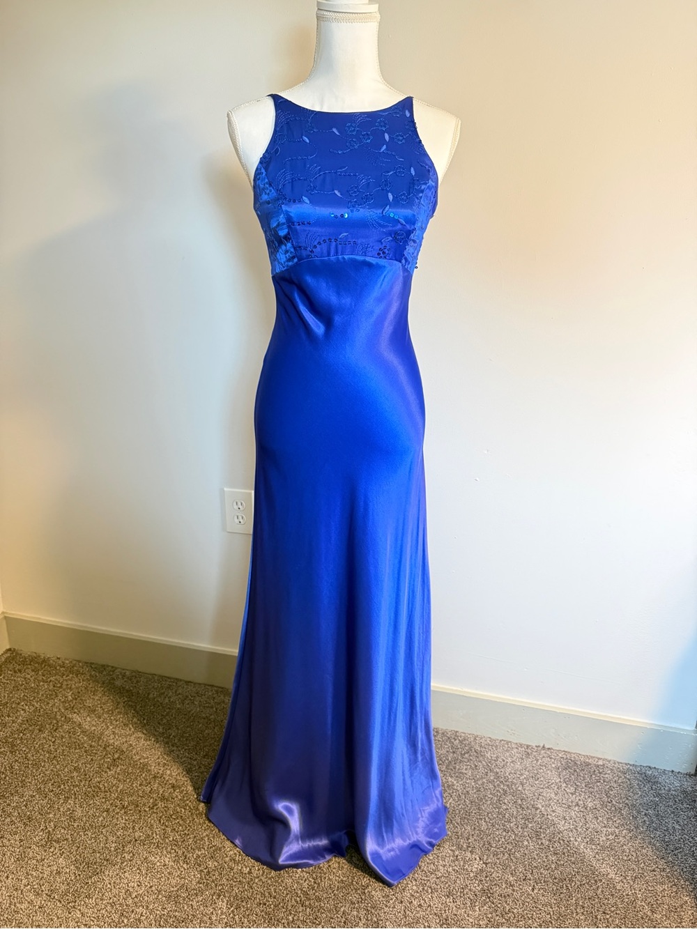 Vintage 90s Morgan & Co Royal Blue Satin Prom Dress Lace Up Corset Back